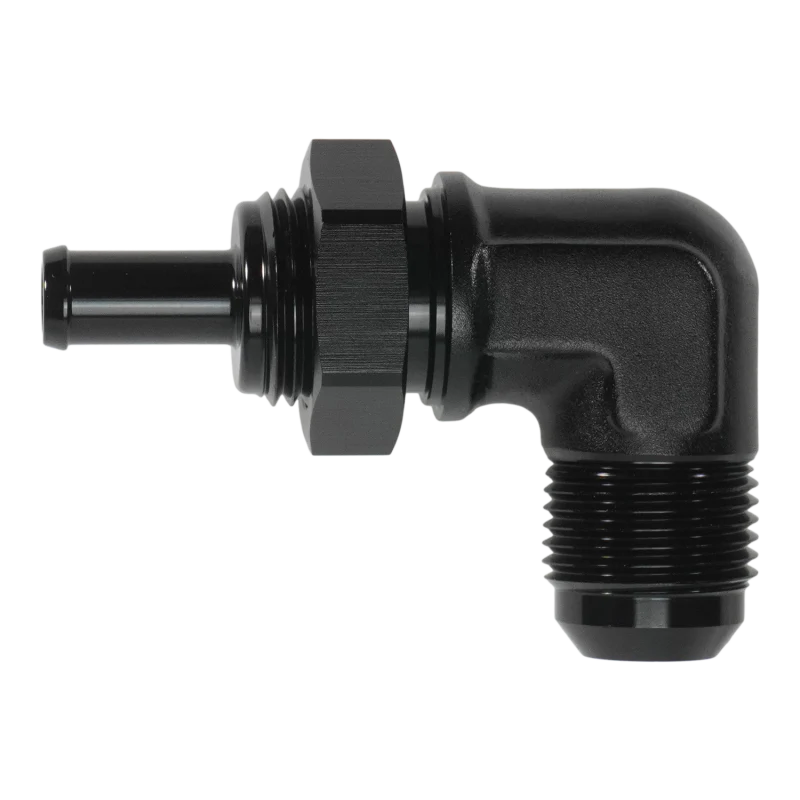 DeatschWerks 10AN Male Flare Bulkhead to 3/8in Hose Barb 90-Degree