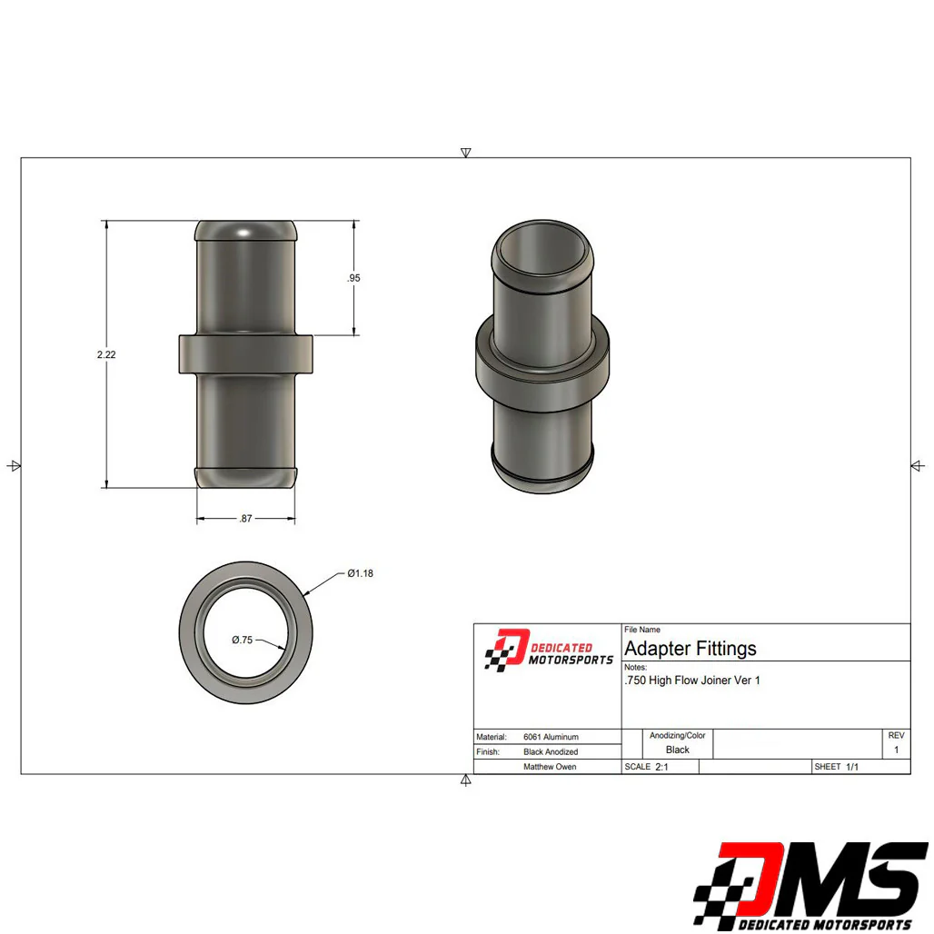 Dedicated Motorsports - 1 Inch to .750 Inch Hose Joiner (union) - Image 3